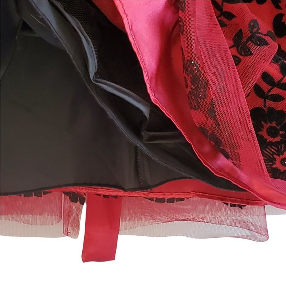 Jona Michelle Girls 5 Black Red Fancy Party Swing Dress Floral Flock Mesh Skirt - Picture 8 of 9